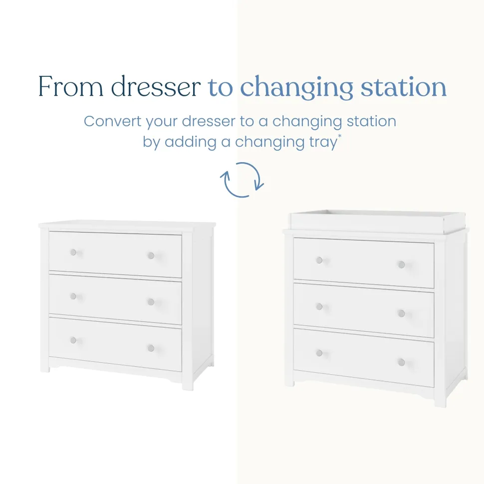 Harmony 3-Drawer Dresser with Changing Table Topper, Matte White